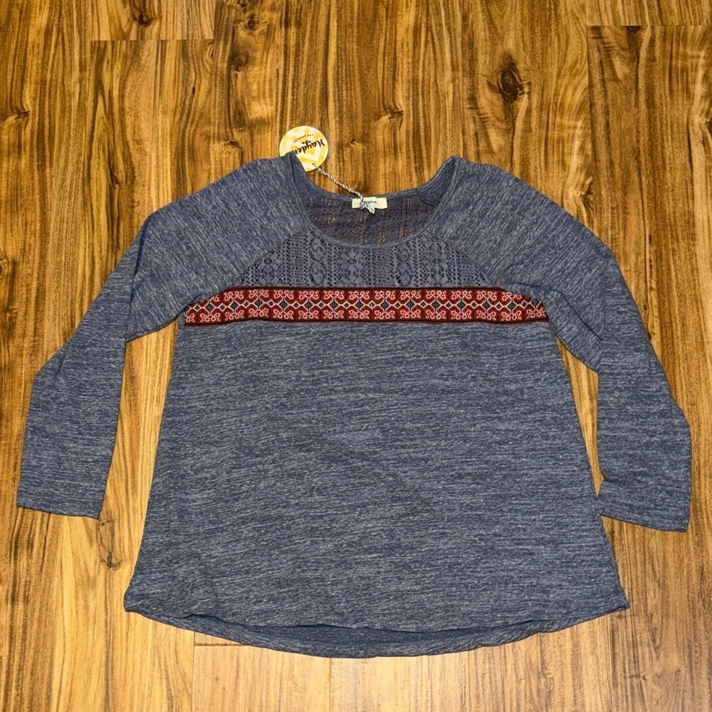 Hayden womens large Top shirt long sleeve Heather blue lace embroidery light nwt